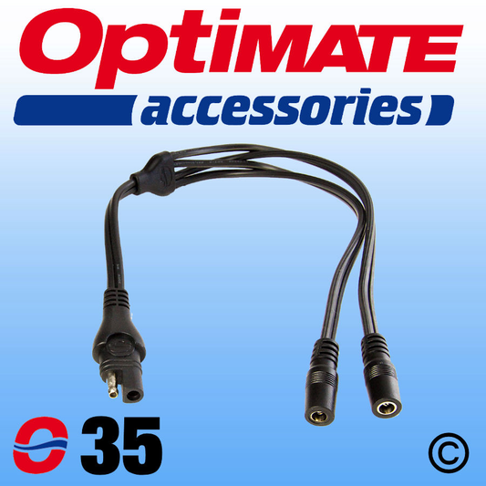 Optimate 035 Y Spliter SAE to 2x 2.5 DC Sockets Weatherproof for Heated Clothing